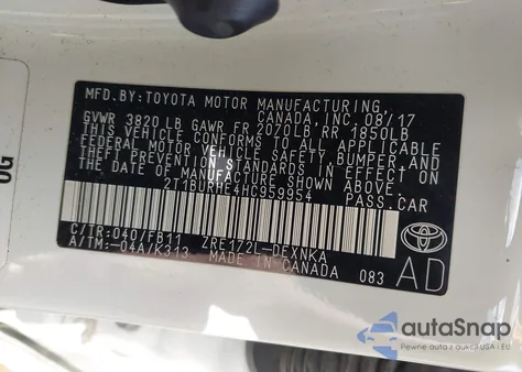 2017 Toyota Corolla Le из США, поврежденный, VIN 2T1BURHE4HC959954